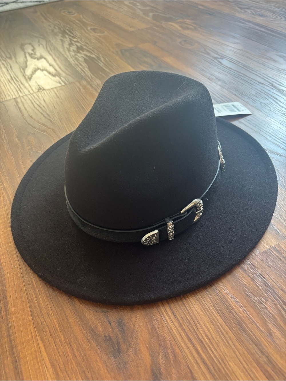 Black Wide-Brim Felt Hat with Silver Buckle Accent